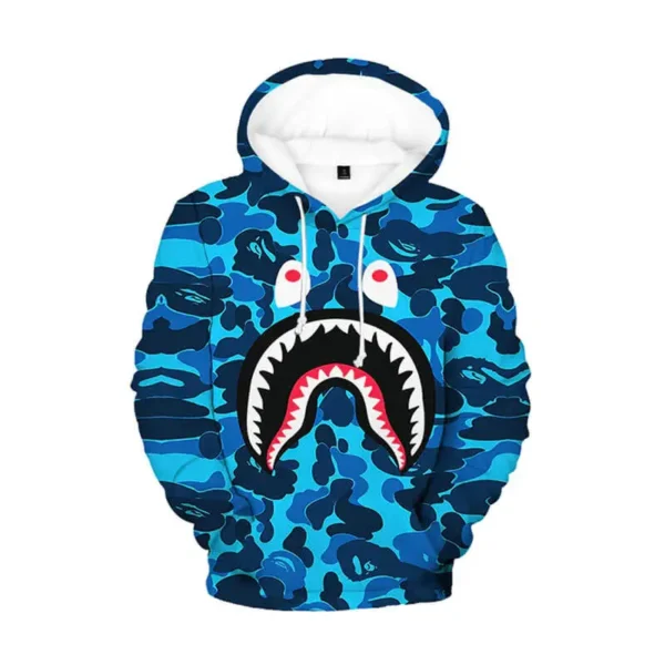 Long Sleeve 3D Printed Bape Shark Blue Hoodie